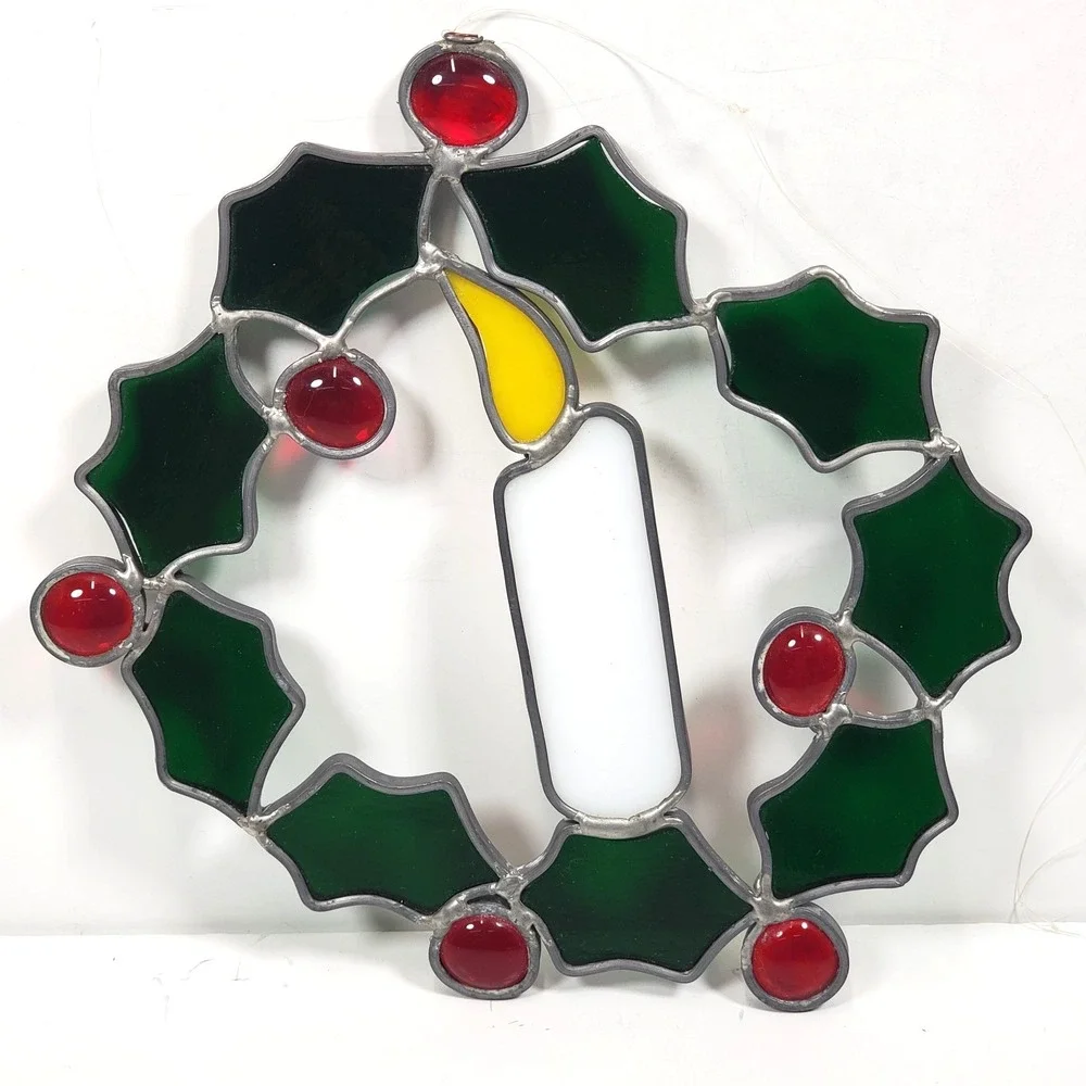 Stained Glass Christmas Candle In Wreath Suncatcher 7 1/2
